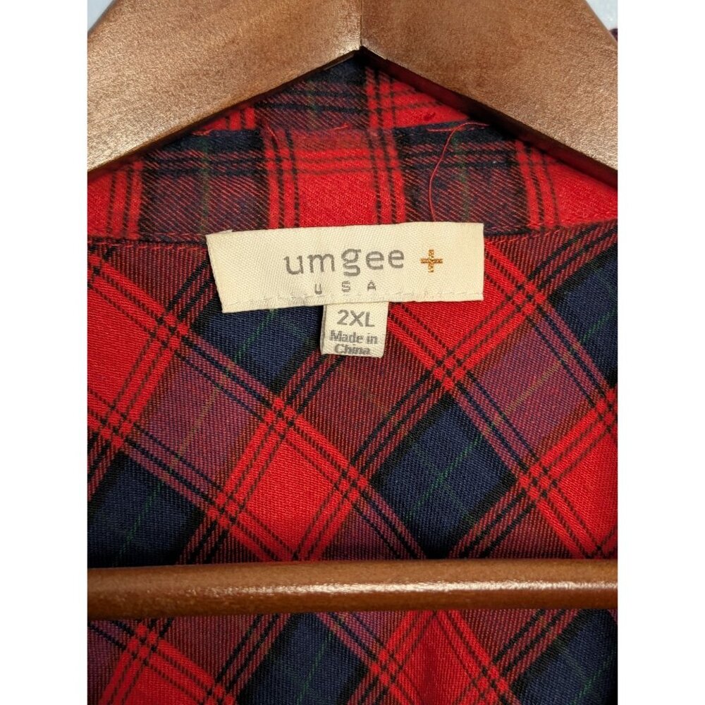 Umgee Womens 2XL Red Black Plaid Button-Down Shirt Floral Embroidery Long Sleeve - Picture 4 of 12